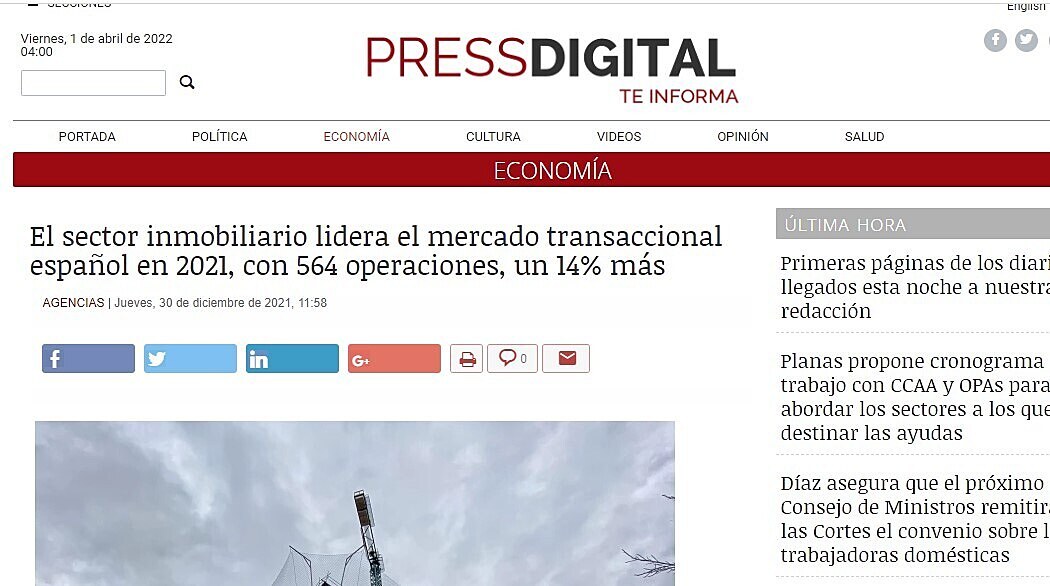 El sector inmobiliario lidera el mercado transaccional espaol en 2021, con 564 operaciones, un 14% ms